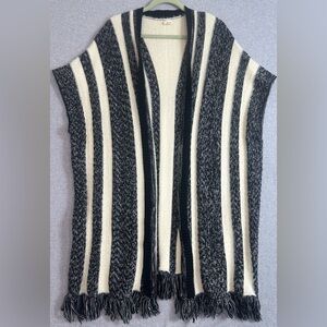 Long Sweater Cardigan Mohair M/L Black‎ White Fringe Stripe Long Boho Open Fuzzy